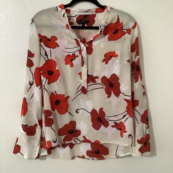 J. Crew Sheer 100% Silk Red Floral Flowy Feminine Artsy Boho Chic Blouse M - Picture 1 of 6